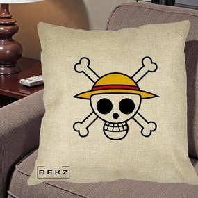 Perna Personalizata One Piece Jolly Roger Straw Hat Pirates, 40x40 cm, Crem, Husa Detasabila, Perna Inclusa, BEKZ®
