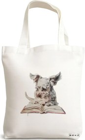 Sacosa de Panza pentru Cumparaturi, Geanta Tote, model Reading puppy 12 38 x 34.5 cm, Alba, BEKZ®