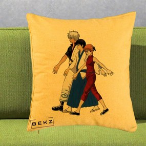 Perna Personalizata Gintama Trio Gintoki Shinpachi Kagura, 40x40 cm, Galben, Husa Detasabila, Perna Inclusa, BEKZ®
