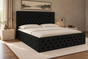 Pat tapițat Chesterfield din catifea Ophelia Deluxe 180×200 cm, negru, cu ladă de depozitare