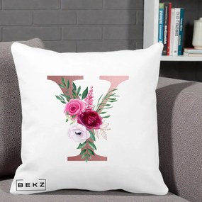 Cadou Personalizat - Perna Personalizata Monograma Rose Gold Litera Y, 40x40 cm, Alba Mata, Husa Detasabila, Perna Inclusa, BEKZ®