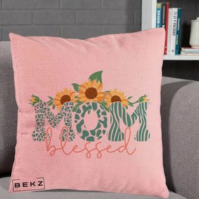 Cadou pentru Mama - Perna Personalizata Mom Blessed cu Floarea Soarelui Animal Print Teal, 40x40 cm, Roz, Husa Detasabila, Perna Inclusa, BEKZ®
