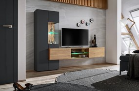 Set mobila Living moderna , 210 cm lungime, antracit inchis  stejar artisan, usi deschidere push open,  comoda tv suspendata, vitrina sticla, led