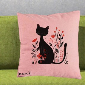 Perna Decorativa Pisica Neagra Flori Rosii Folk Minimal, 40x40 cm, Roz, Husa Detasabila, Perna Inclusa, BEKZ®