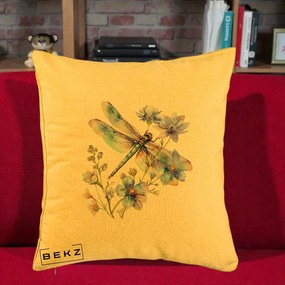 Perna Decorativa Libelula Acuarela Flori Albastre, 40x40 cm, Galben, Husa Detasabila, Perna Inclusa, BEKZ®