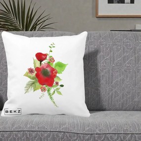 Perna Decorativa Buchet Rosu Acuarela, 40x40 cm, Alba Mata, Husa Detasabila, Perna Inclusa, BEKZ®