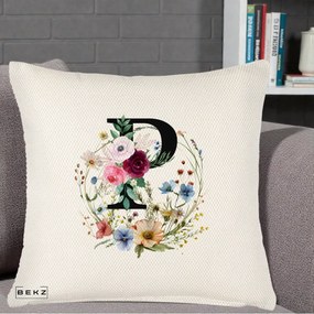 Cadou Personalizat - Perna Personalizata Monogram Litera P cu Flori Acuarela, 40x40 cm, Crem Reliefat, Husa Detasabila, Perna Inclusa, BEKZ®