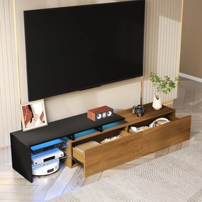 Comodă TV cu iluminare LED, spațiu de depozitare și rafturi din sticlă, 170x33x33,5 cm, Negru+Culoare naturală