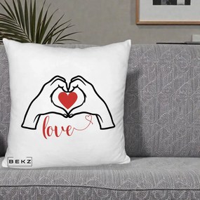 Perna Decorativa Love Maini Inima cu Inscriptie Love Rosu, 40x40 cm, Alb Pufos, Husa Detasabila, Perna Inclusa, BEKZ®