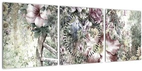 Tablou - Flori pe roata de lemn (cu ceas) (90x30 cm)