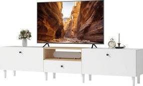 HOMCOM Comodă TV 200 cm pentru televizoare până la 228,6 cm, 2 compartimente rabatabile, spațiu deschis, sertar, 8 picioare, placă aglomerată, alb | Aosom Romania