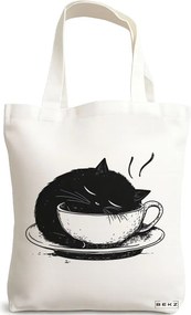 Sacosa de Panza pentru Cumparaturi, Geanta Tote, model Caffeine Cat 23 38 x 34.5 cm, Alba, BEKZ®