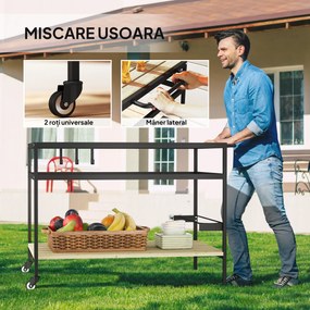 Outsunny Cărucior cu Roți din Lemn cu 2 Rafturi, 3 Cârlige, Blat cu Lamele și Mâner 107x65x80 cm Natural | Aosom Romania