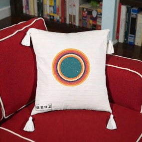 Perna Decorativa Retro Cerc Concentric Geometric Vintage, 40x40 cm, Bej cu Franjuri, Husa Detasabila, Perna Inclusa, BEKZ®