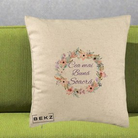 Cadou pentru Soacra - Perna Personalizata Cea mai Buna Soacra cu Coronita Flori Boho Pastel, 40x40 cm, Bej, Husa Detasabila, Perna Inclusa, BEKZ®