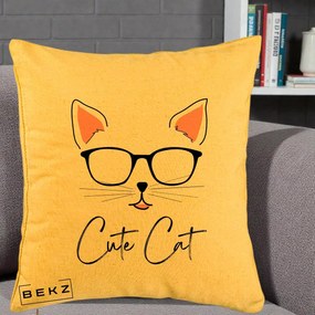 Perna Personalizata Cute Cat cu Ochelari, 40x40 cm, Galben, Husa Detasabila, Perna Inclusa, BEKZ®