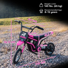 HOMCOM Motocicletă Electrică pentru Copii de 8-12 Ani cu Accelerație Manuală, și 2 Viteze, 119x64x76,5 cm, Roz | Aosom Romania