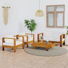 3057929 vidaXL Set mobilier grădină perne alb/crem, 4 piese, lemn masiv acacia