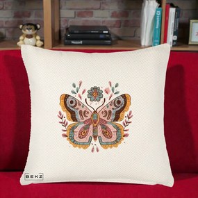 Perna Decorativa Fluture Boho Floral, 40x40 cm, Crem Reliefat, Husa Detasabila, Perna Inclusa, BEKZ®