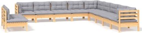 vidaXL Set mobilier grădină cu perne, 11 piese, gri, lemn masiv pin