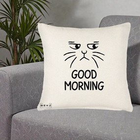 Perna Decorativa Pisica Morocanoasa Good Morning, 40x40 cm, Crem Reliefat, Husa Detasabila, Perna Inclusa, BEKZ®