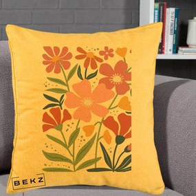 Perna Decorativa Flori Grafice Roz si Terracotta, 40x40 cm, Galben, Husa Detasabila, Perna Inclusa, BEKZ®