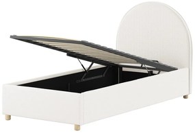 Pat tapițat pentru copii MOON, 90 x 200 cm, alb, cu țesătură bouclé și spațiu de depozitare – Vipack
