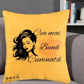 Cadou pentru Cumnata - Perna Personalizata Cea mai Buna Cumnata cu Silueta Dama si Pete Roz, 40x40 cm, Galben, Husa Detasabila, Perna Inclusa, BEKZ®