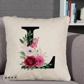 Cadou Personalizat - Perna Personalizata Monograma Florala Litera L, 40x40 cm, Bej Canapea, Husa Detasabila, Perna Inclusa, BEKZ®