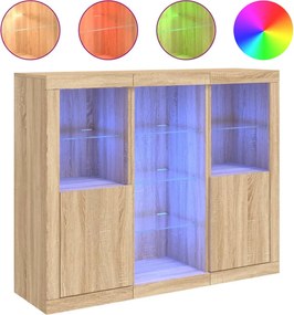 vidaXL Servantă cu lumini LED, 3 buc., stejar sonoma, lemn prelucrat