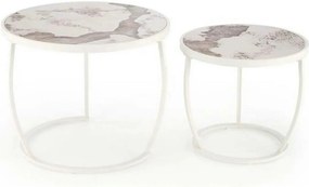 Set 2 masute cafea INES, bej cu efect de marmura/alb, ceramica/metal