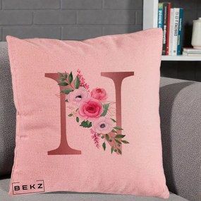 Cadou Personalizat - Perna Personalizata Monograma Rose Gold Litera N, 40x40 cm, Roz, Husa Detasabila, Perna Inclusa, BEKZ®