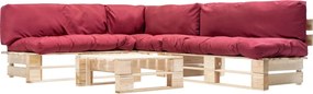 vidaXL Set mobilier de grădină paleți cu perne roșii, 4 piese, lemn