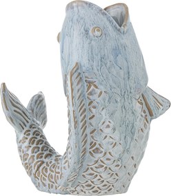 Vază din ceramică albastră, în formă de pește, cu solzi în relief, „Hiro", 17 x 13,5 x 21 cm