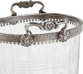 Suport lumânare din sticlă decorată manual și alamă, argintiu, oval, cu mânere și margine ornamentată, aspect vintage, finisaj antichizat, 19 x 15
