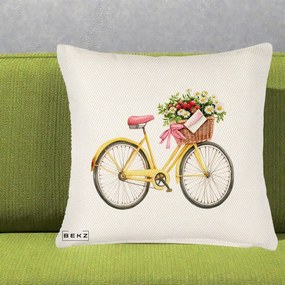 Perna Decorativa Bicicleta Galbena cu Cos de Flori Primavara, 40x40 cm, Crem Reliefat, Husa Detasabila, Perna Inclusa, BEKZ®