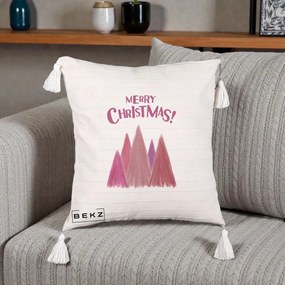 Perna Decorativa Merry Christmas Brazi Roz, 40x40 cm, Bej cu Franjuri, Husa Detasabila, Perna Inclusa, BEKZ®
