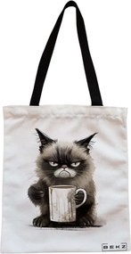 Sacosa de Panza pentru Cumparaturi, Geanta Tote, model Lazy Cat, Cu fermoar, 38x34.5 cm, Alba, BEKZ®