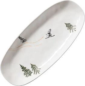 Platou de servire din ceramică albă, formă ovală, cu motive de iarnă pictate manual, 3,5 × 30,5 × 13 cm, „Slalom"
