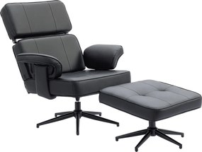 HOMCOM Fotoliu recliner reglabil cu otoman, tapițerie din piele ecologică, tetieră reglabilă pe înălțime, bază metalică, Negru | Aosom Romania