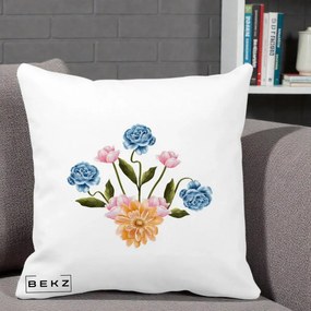 Perna Decorativa Buchet Primavara Acuarela, 40x40 cm, Alba Mata, Husa Detasabila, Perna Inclusa, BEKZ®