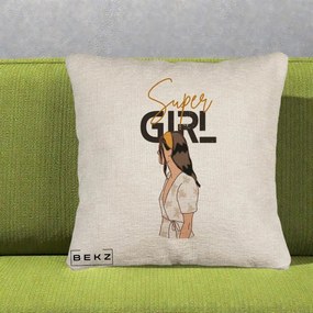 Perna Decorativa Super Girl Aesthetic, 40x40 cm, Bej Canapea, Husa Detasabila, Perna Inclusa, BEKZ®