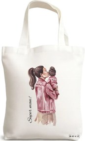 Sacosa de Panza pentru Cumparaturi, Geanta Tote, model Super Mom 2, 38x34.5 cm, Alba, BEKZ®