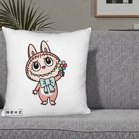 Perna Personalizata Labubu Roz cu Morisca, 40x40 cm, Alb Pufos, Husa Detasabila, Perna Inclusa, BEKZ®