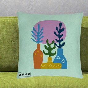 Perna Decorativa Vaze Botanice Abstract, 40x40 cm, Verde Menta, Husa Detasabila, Perna Inclusa, BEKZ®