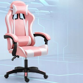 Scaun de gaming confortabil, cu pernă alb-roz