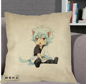 Perna Personalizata Gintama Gintoki Chibi Pisica, 40x40 cm, Crem, Husa Detasabila, Perna Inclusa, BEKZ®