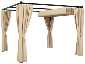 Outsunny Pergola 3 x 3(m) cu acoperis copertina retractabila si perdele, Foisor de exterior cu cadru metalic pentru gradina, Adapost de soare