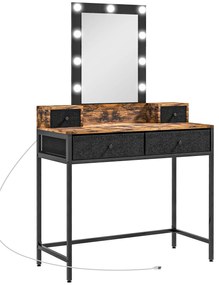 HOMCOM Coafare masă de machiaj oglindă LED reglabilă integrată - picior metalic negru - 4 sertare din material textil - Aspect lemn întunecat | Aosom Romania