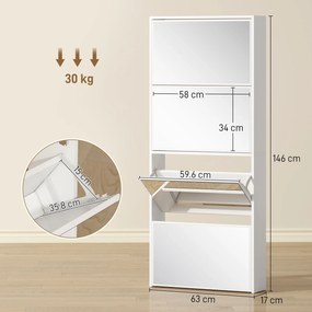 HOMCOM Dulap pentru Pantofi Economizor de Spațiu cu 4 Uși cu Oglindă 63x17x146 cm Alb | Aosom Romania